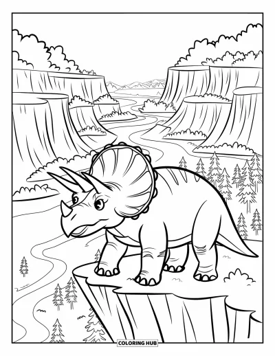 Coloriage de tricératops pour enfants : Un tricératops vieilli contemple une vaste forêt avec des dinosaures au loin
