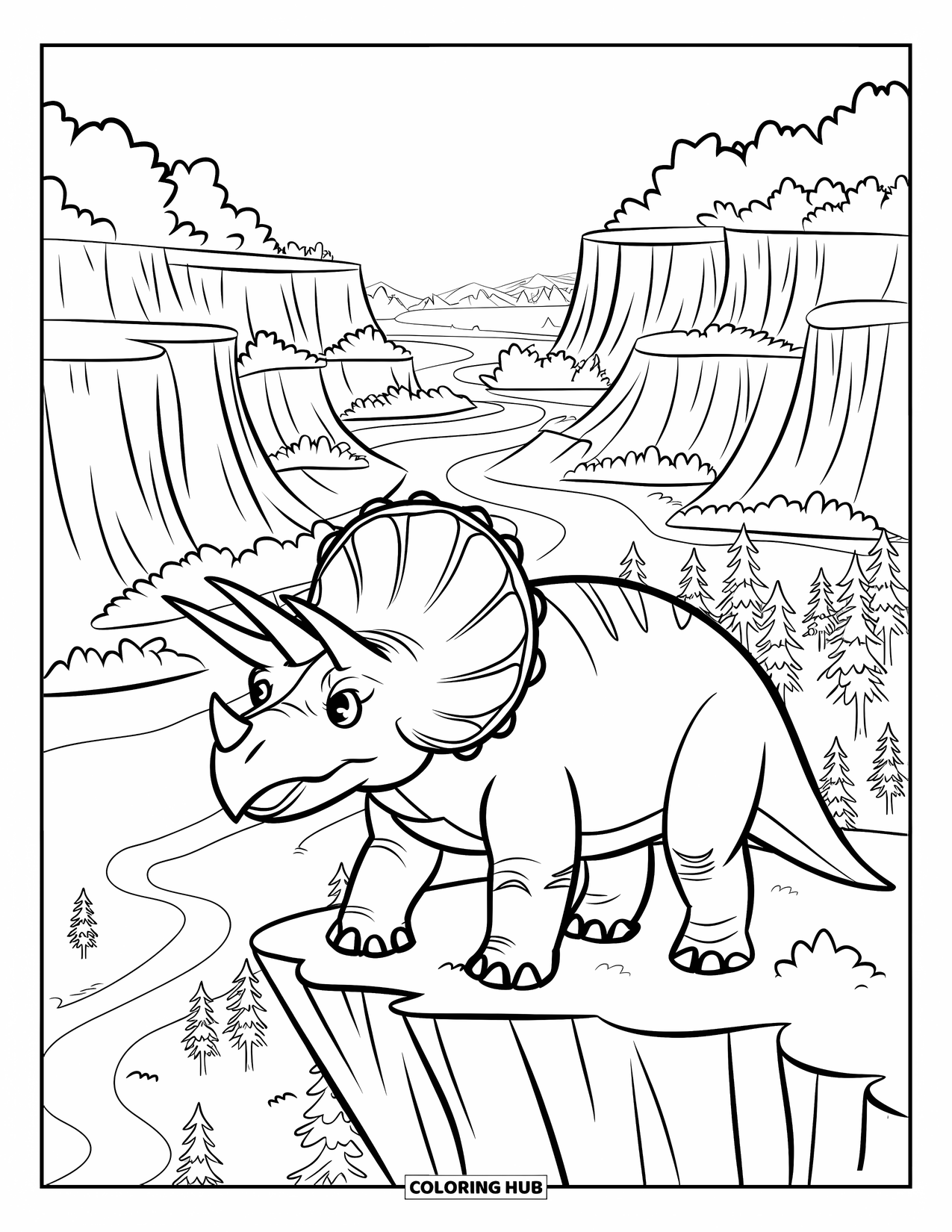 Triceratops Coloring Page for Kids: A weathered triceratops gazes over a vast forest with dinosaurs in the distance