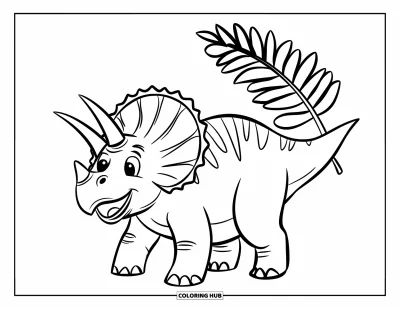 Coloriage de tricératops pour enfants : Un tricératops aux larges sourires joue près d'une grande et simple feuille de fougère