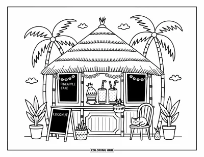 Coloriage tropical pour adultes : Un café en bambou servant des spécialités tropicales avec un chat endormi et des bananiers