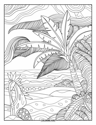 Coloriage tropical pour adultes : Un bananier encadré par des plantes tropicales luxuriantes et une plage sereine