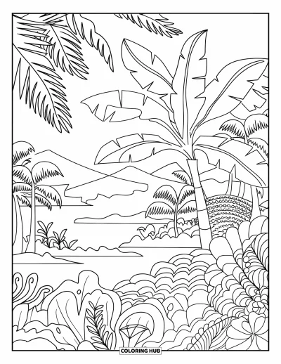 Coloriage tropical pour adultes : Un bananier qui pousse à travers des couches de feuilles et de fleurs tropicales