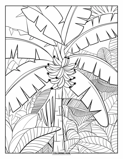 Coloriage tropical pour adultes : Un bananier aux feuilles ornées et à la végétation tropicale dense