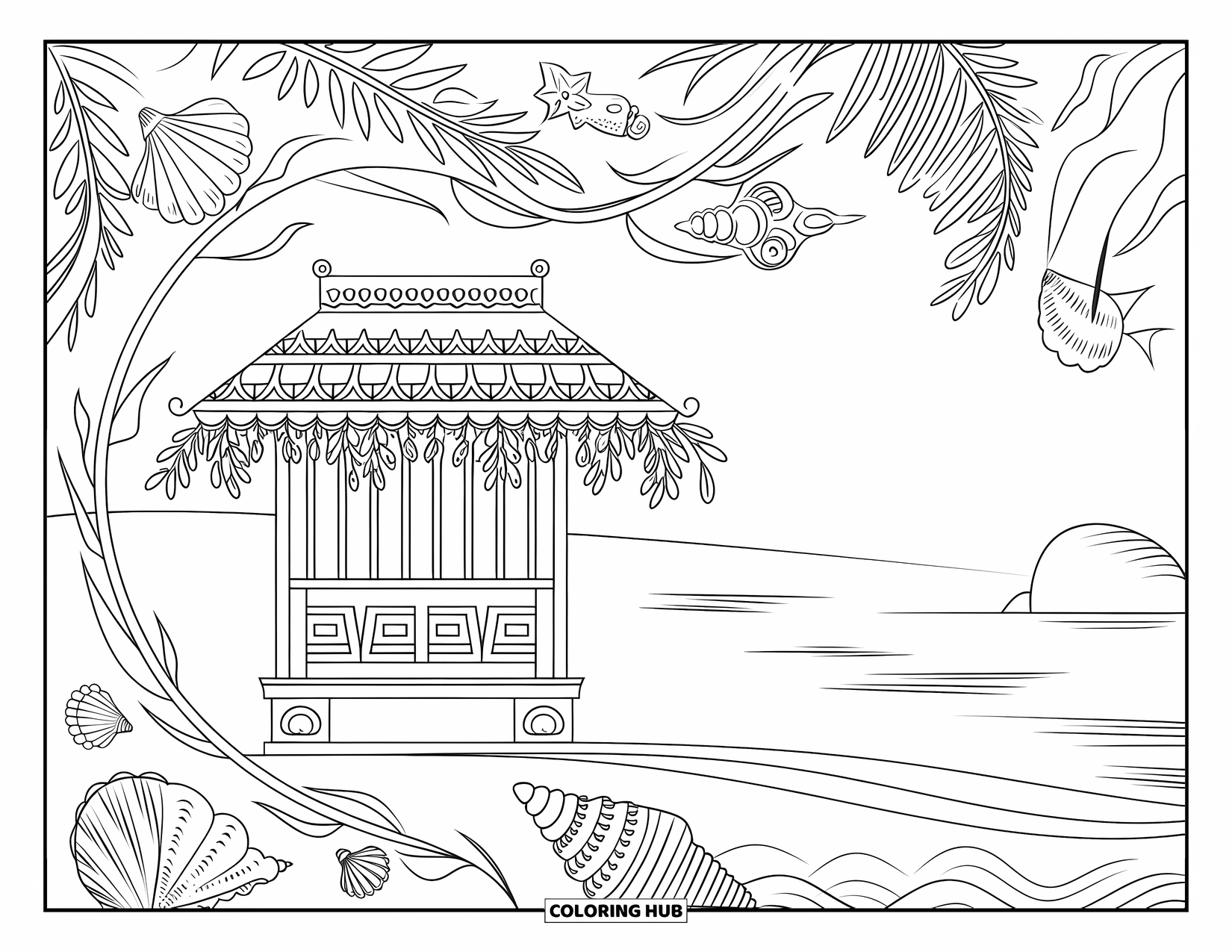 Tropical Coloring Page for Adults: Beach hut with ornate roof framed by mandala vines, seashells, and calm waves