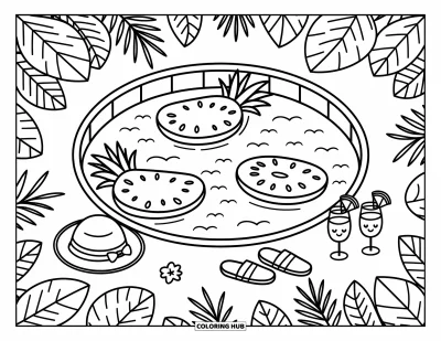 Coloriage tropical pour adultes : Une piscine tropicale ronde avec des bouées en forme de fruits, du punch et des plantes feuillues