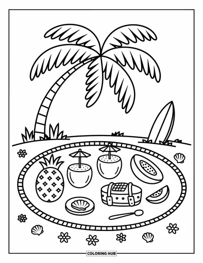 Coloriage tropical pour adultes : Un pique-nique tropical convivial avec de mignons en-cas et une planche de surf appuyée