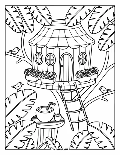 Coloriage tropical pour adultes : Une cabane tropicale dans les arbres avec des fleurs sur le balcon et des oiseaux à proximité