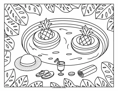 Coloriage tropical pour adultes : De jolies bouées et du punch tropical au bord d'une piscine circulaire feuillue