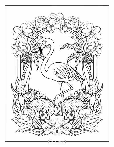 Coloriage tropical pour adultes : Un flamant rose debout sous une arche florale d'orchidées et de plumerias