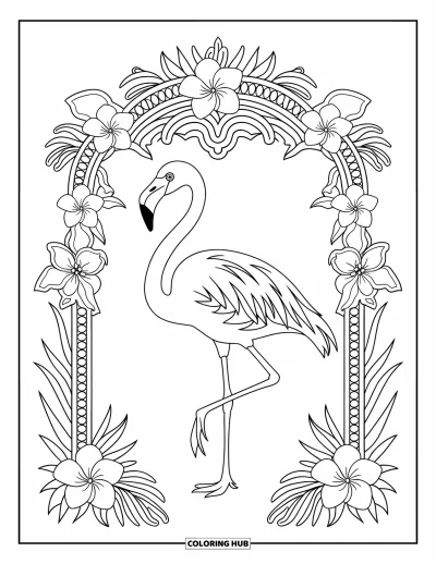 Coloriage tropical pour adultes : Un flamant rose élégant encadré par une arche détaillée d'orchidées et de plumerias