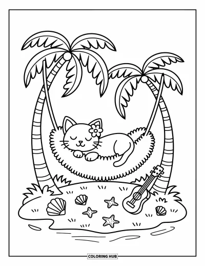 Coloriage tropical pour adultes : Une île avec un hamac, un chaton endormi, des coquillages et un petit ukulélé