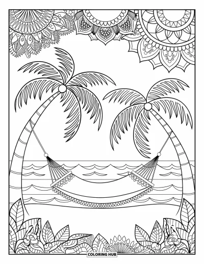 Coloriage tropical pour adultes : Une scène de hamac avec des vagues, des palmiers et un ciel en motifs mandala