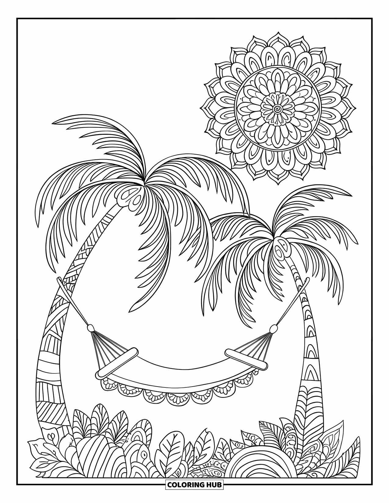Tropical Coloring Page for Adults: Hammock under palm trees with a mandala sky and leafy border