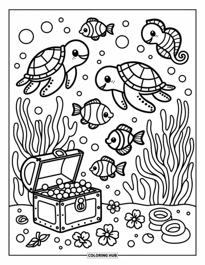 Coloriage tropical pour adultes : Des créatures marines joyeuses et un coffre au trésor dans une scène de récif corallien