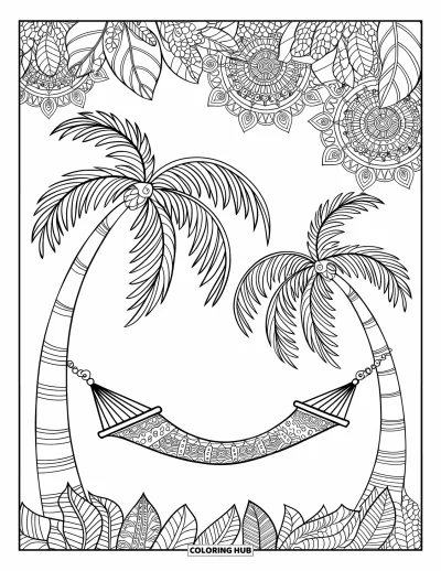 Coloriage tropical pour adultes : Un ciel rempli de mandalas au-dessus d'un hamac et de palmiers