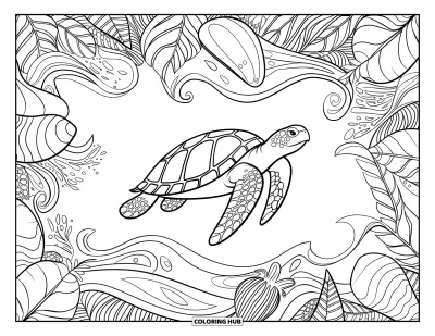 Coloriage tropical pour adultes : Une tortue de mer en mosaïque entourée de coquillages, de vagues et de motifs feuillus
