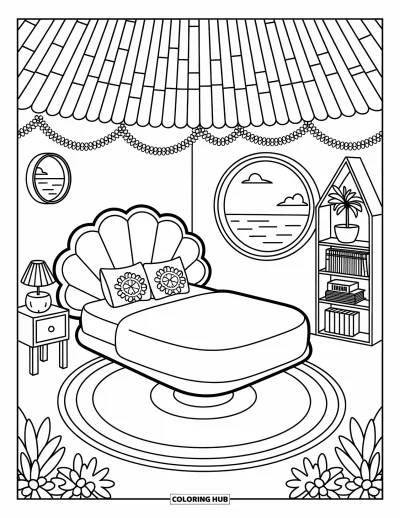 Coloriage tropical pour adultes : Une chambre tiki avec vue sur l'océan, un lit en coquillage, des coussins et des livres de bord de mer
