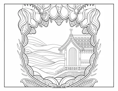 Coloriage tropical pour adultes : Une case de plage ornée entourée de lianes, de coquillages et d'une vue sereine sur l'océan