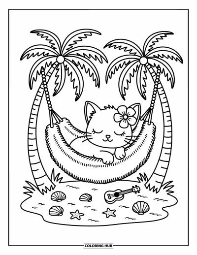 Coloriage tropical pour adultes : Un hamac dans les palmiers avec un chaton et des détails de plage chaleureux