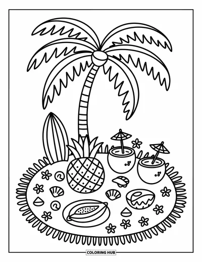 Coloriage tropical pour adultes : Un pique-nique sous les palmiers avec une boîte bento, une tranche de papaye et des boissons à la noix de coco