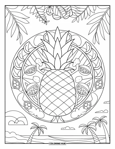 Coloriage tropical pour adultes : Un ananas central entouré de fruits tropicaux et de motifs en vitrail