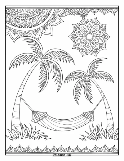 Coloriage tropical pour adultes : Une scène de hamac relaxante avec des palmiers et un ciel aux motifs élaborés