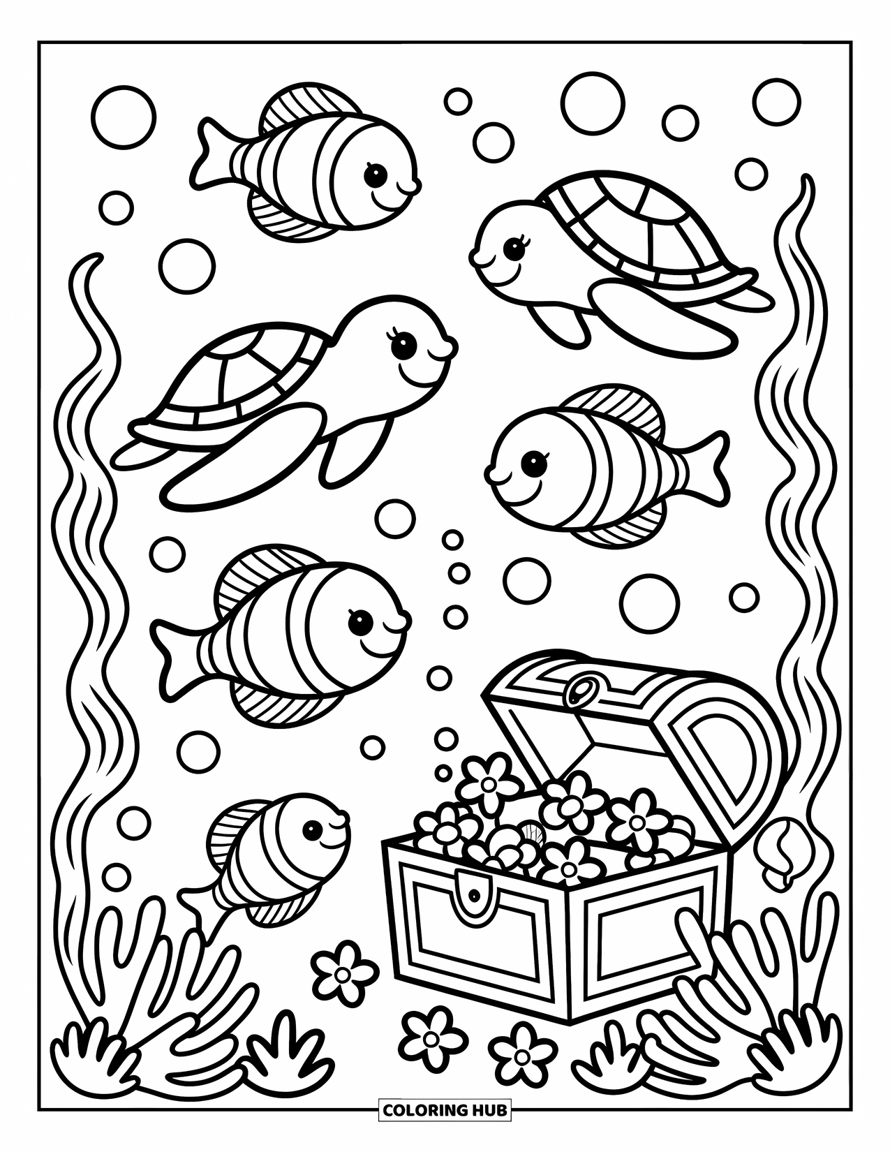 Tropical Coloring Page for Adults: Sea creatures swim near coral, bubbles, and spilled treasure