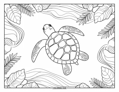 Coloriage tropical pour adultes : Une tortue de mer encadrée par des vagues tourbillonnantes, des coquillages et des feuilles de jungle