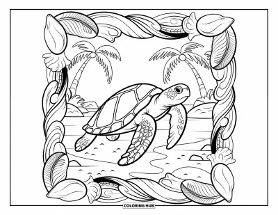 Coloriage tropical pour adultes : Une tortue de mer dans un cadre décoratif de coquillages, de vagues et de plantes tropicales