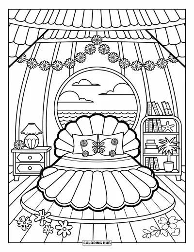 Coloriage tropical pour adultes : Un lit en forme de coquillage et une fenêtre donnant sur l'océan dans une chambre tiki douillette