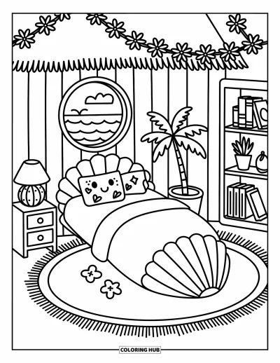 Coloriage tropical pour adultes : Un lit en coquillage dans une case tiki avec des guirlandes de fleurs et une vue sur l'océan