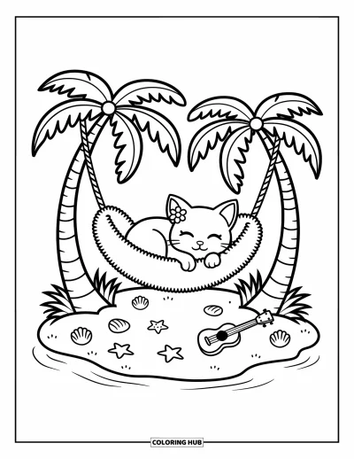 Coloriage tropical pour adultes : Un chaton endormi avec une fleur qui fait la sieste dans un hamac sur une petite île