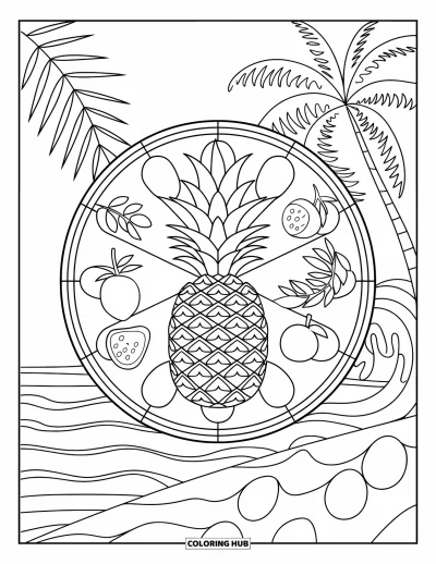 Coloriage tropical pour adultes : Un ananas tranché dans un cercle en vitrail rempli de fruits