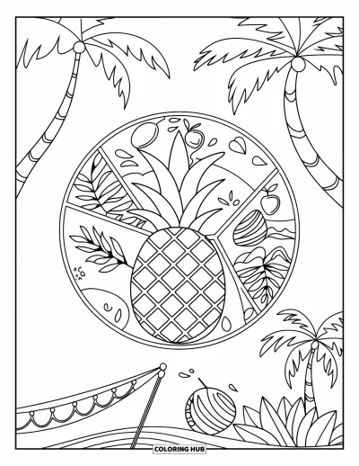 Coloriage tropical pour adultes : Un ananas tranché dans un cercle en vitrail de fruits et de feuilles