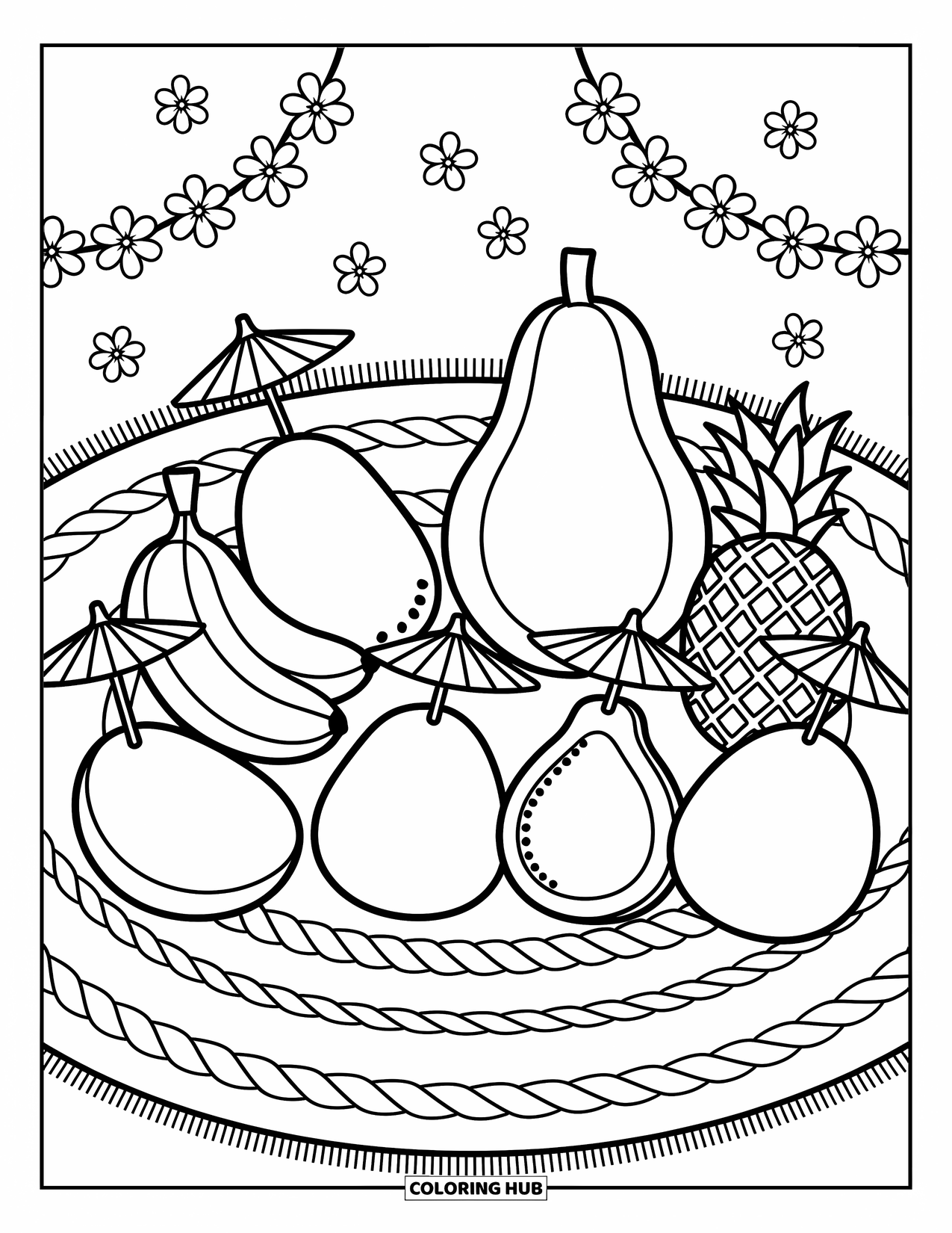Tropical Coloring Page for Adults: Smiling tropical fruits with fans and umbrellas on a woven mat