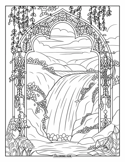 Coloriage tropical pour adultes : Une cascade en vitrail avec des lianes, des fleurs et des arbres de la jungle