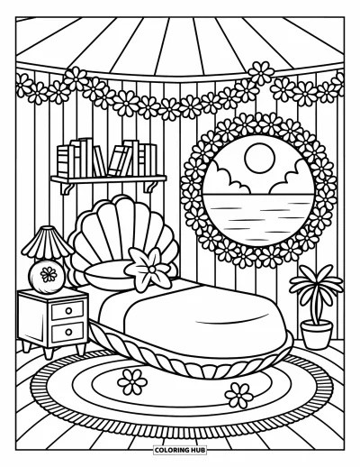 Coloriage tropical pour adultes : Une chambre de case tiki avec une lampe en noix de coco, des livres de plage et des guirlandes de fleurs