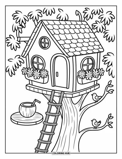 Coloriage tropical pour adultes : Une cabane dans les arbres dans un grand arbre tropical avec des oiseaux et une boisson à la noix de coco