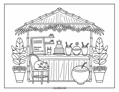 Coloriage tropical pour adultes : Un café tropical en case avec des en-cas, un chat assoupi et des guirlandes de fleurs