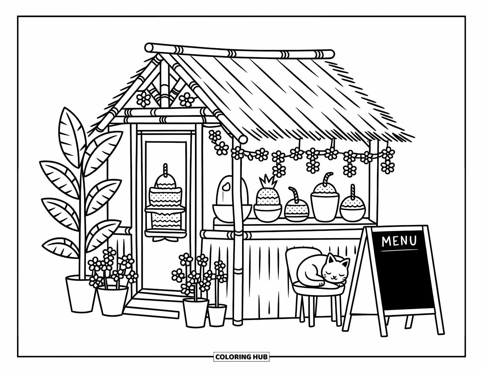 Tropical Coloring Page for Adults: Tropical café with a chalkboard menu, cozy treats, and a napping cat