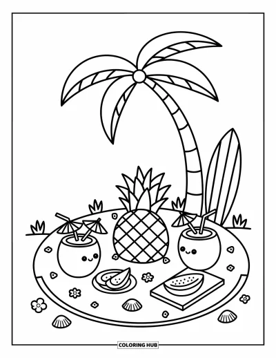 Coloriage tropical pour adultes : Une scène de pique-nique tropical avec un bento ananas, des boissons et des fleurs