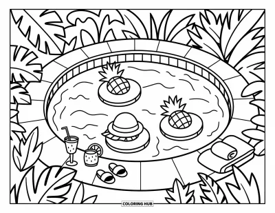 Coloriage tropical pour adultes : Une piscine tropicale avec des bouées en forme de fruits, des sandales et une serviette roulée