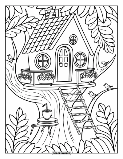 Coloriage tropical pour adultes : Une cabane tropicale dans les arbres avec des jardinières fleuries, une échelle de corde et une boisson à la noix de coco