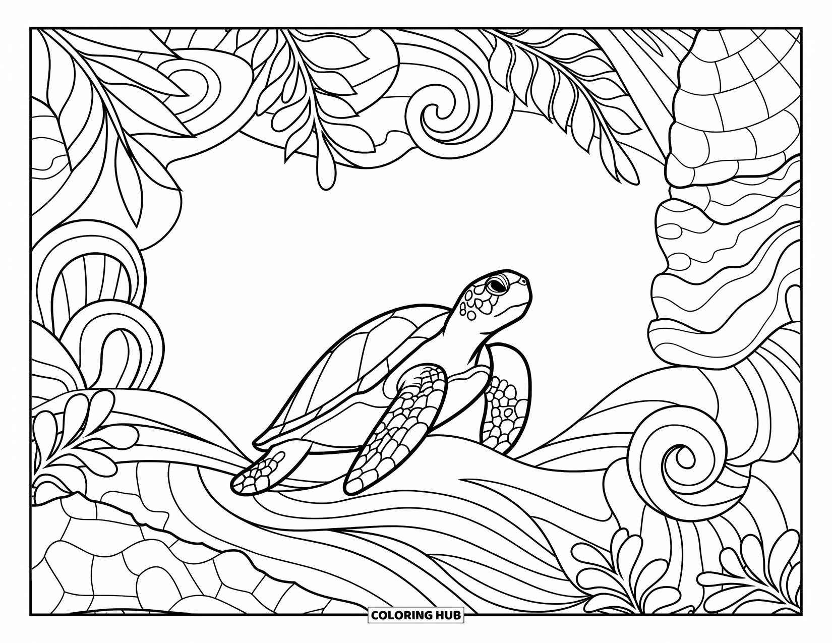 Tropical Coloring Page for Adults: Turtle on a rock framed by waves, shells, and detailed leaves