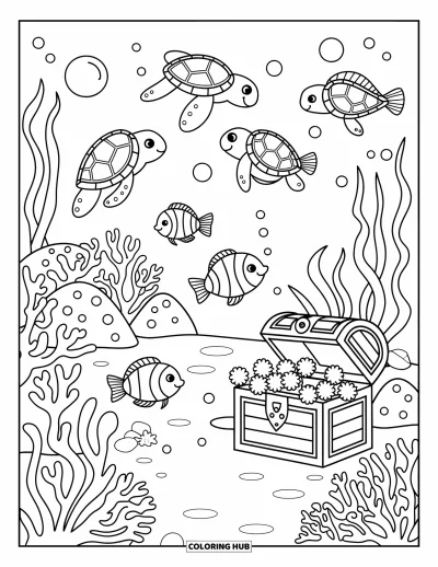 Coloriage tropical pour adultes : Une scène sous-marine avec des tortues souriantes, des poissons et un coffre au trésor