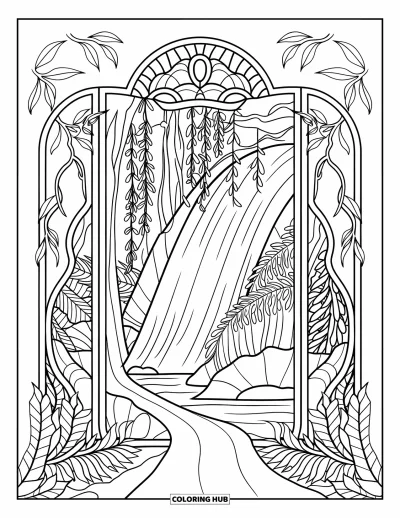Coloriage tropical pour adultes : Une cascade encadrée dans un vitrail orné avec des plantes luxuriantes de la jungle