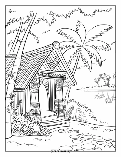 Coloriage tropical pour enfants : Une case en bambou entourée de lianes, de pierres et d'un lac paisible