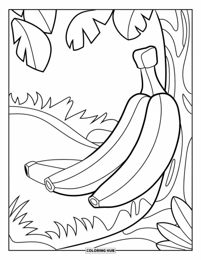 Coloriage tropical pour enfants : Un régime de bananes et une queue de singe près d'arbres et de feuilles tropicaux
