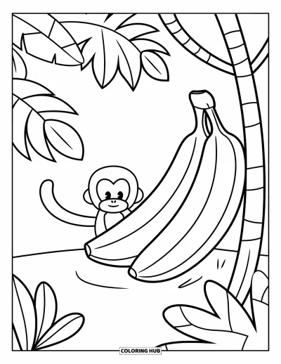 Coloriage tropical pour enfants : Un régime de bananes à côté d'une queue de singe qui passe derrière un arbre