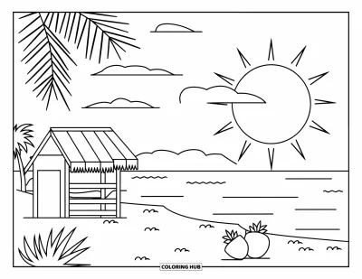 Coloriage tropical pour enfants : Une case de plage avec des noix de coco dans le sable et un grand soleil au-dessus